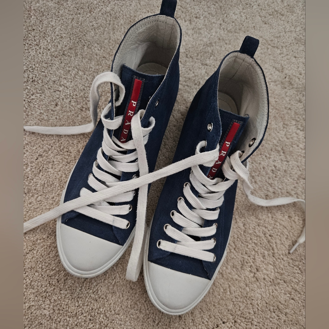 Prada Navy Blue And White High-Top Sneakers